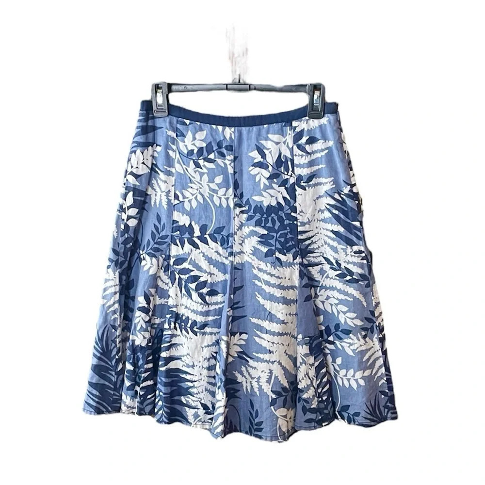 Ann Taylor 100% linen paneled lined skirt, side zip ribbon trim, SZ 2 blue white